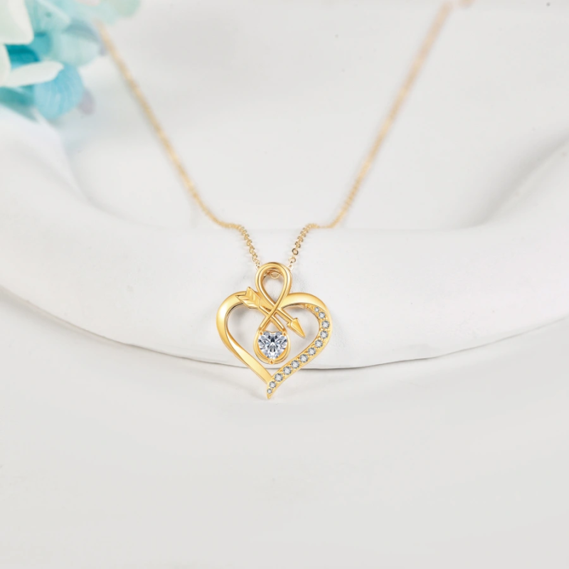 Collar con símbolo de infinito, flecha, corazón y circonitas cúbicas en oro de 14 quilates para mujer-4