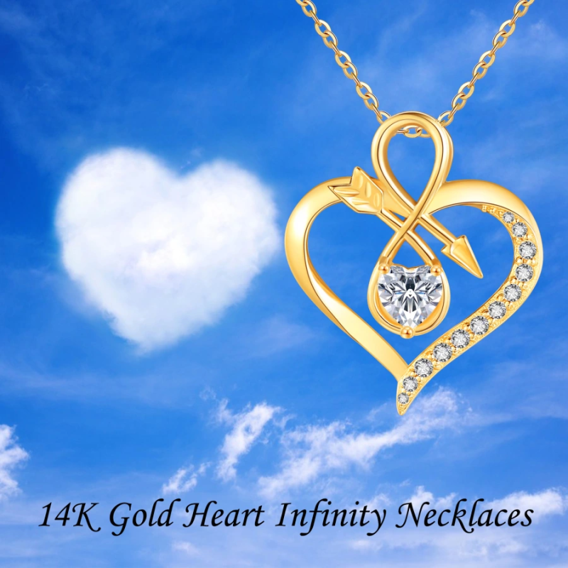 Collar con símbolo de infinito, flecha, corazón y circonitas cúbicas en oro de 14 quilates para mujer-5