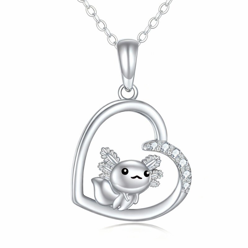 10K White Gold Cubic Zirconia Axolotl & Heart Pendant Necklace-4
