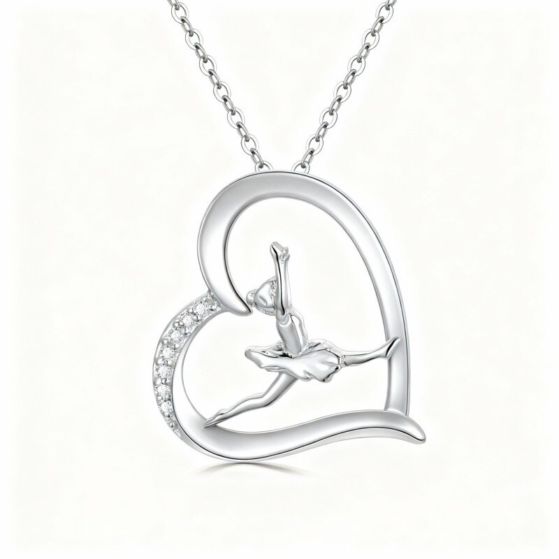 14K White Gold Cubic Zirconia Ballet Dancer & Heart Pendant Necklace-1