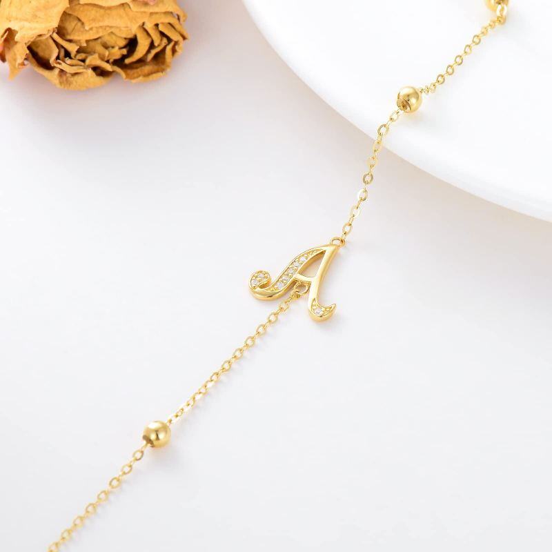 10K Gold Cubic Zirconia Bead Charm Bracelet with Initial Letter A-4