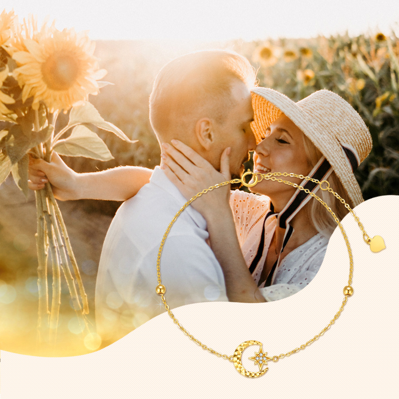 Pulsera de oro rosa de 18 quilates con cuentas de circonita cúbica y dije de luna y estrella-6