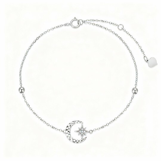 Pulsera de oro blanco de 10 quilates con cuentas de circonita cúbica, dije de luna y estrella.