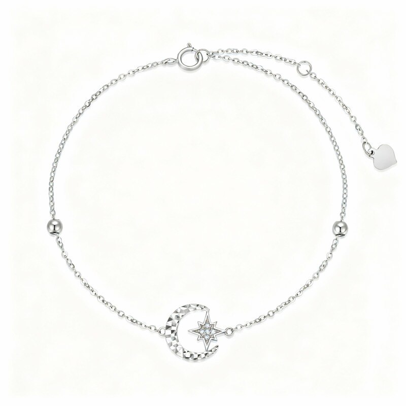 Pulsera de oro blanco de 18 quilates con cuentas de circonita cúbica, dije de luna y estrella.-1