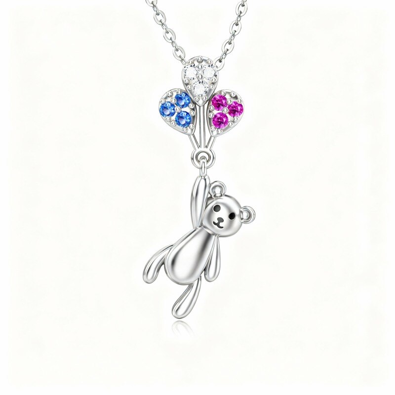 Collar con colgante de oso y globo en oro blanco de 14 quilates con circonitas cúbicas-1
