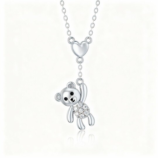 Collar con colgante de oso y corazón de oro blanco de 10 quilates con circonitas cúbicas