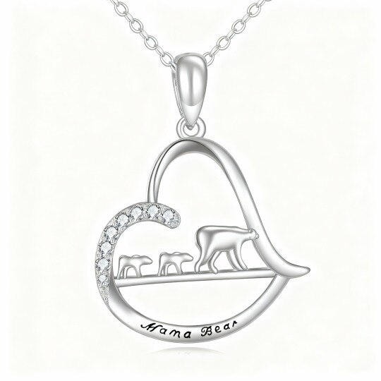 10K White Gold Cubic Zirconia Bear & Parents & Children & Heart Pendant Necklace with Engraved Word