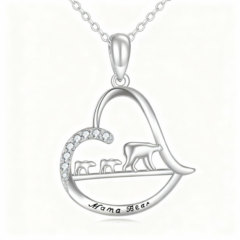 14K White Gold Cubic Zirconia Bear & Parents & Children & Heart Pendant Necklace with Engraved Word-1