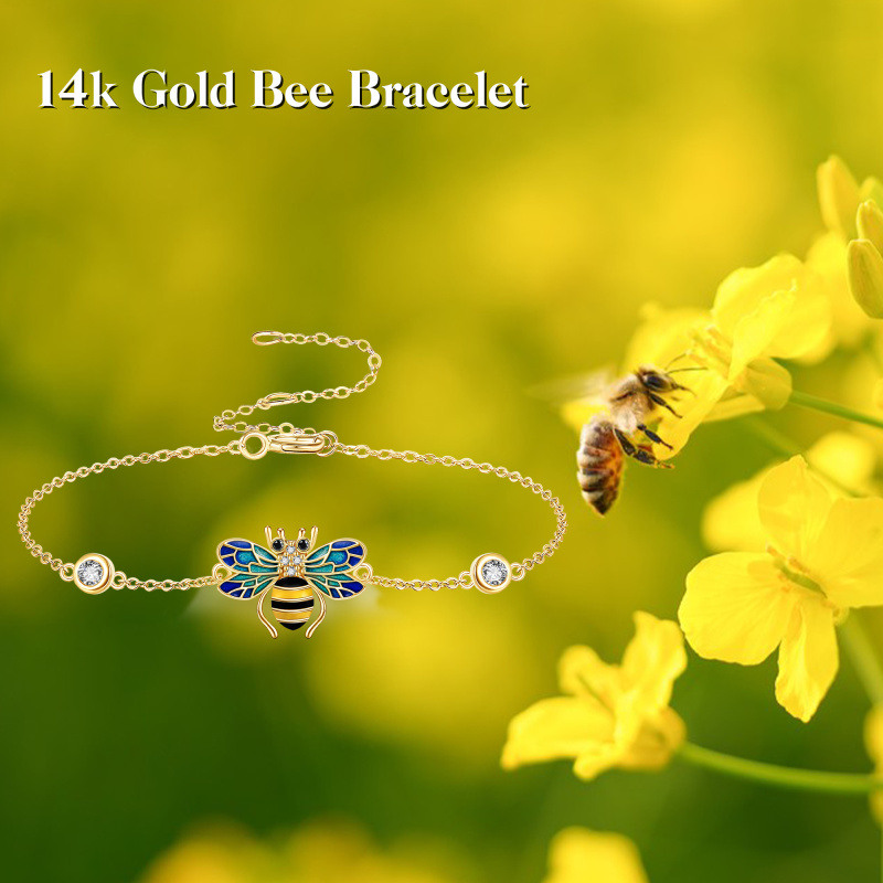 Pulseira com pendente de abelha em ouro 10K e zircónias cúbicas-6
