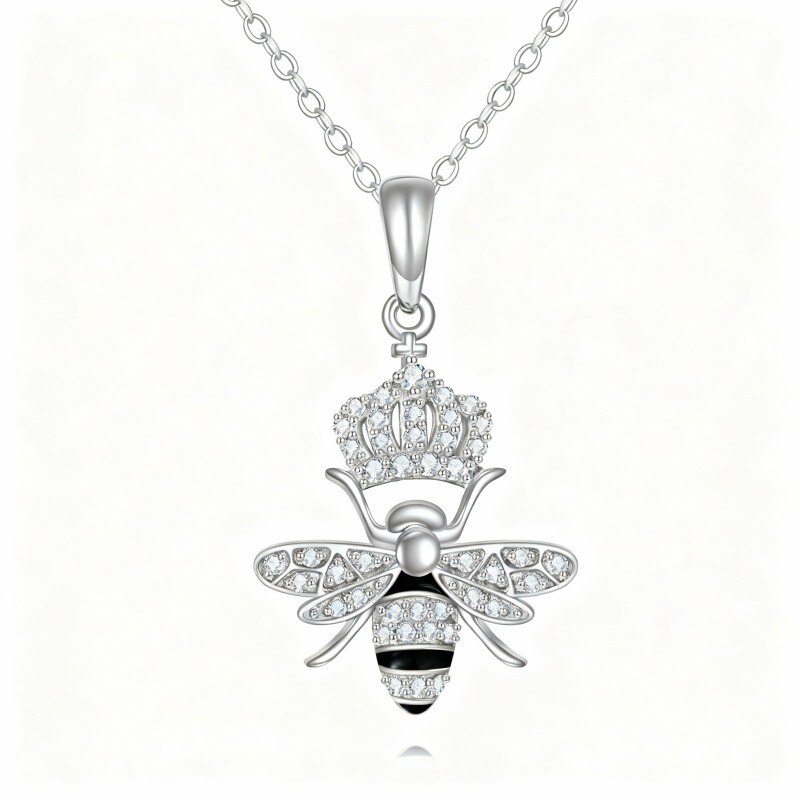 18K White Gold Cubic Zirconia Bee & Crown Pendant Necklace-1