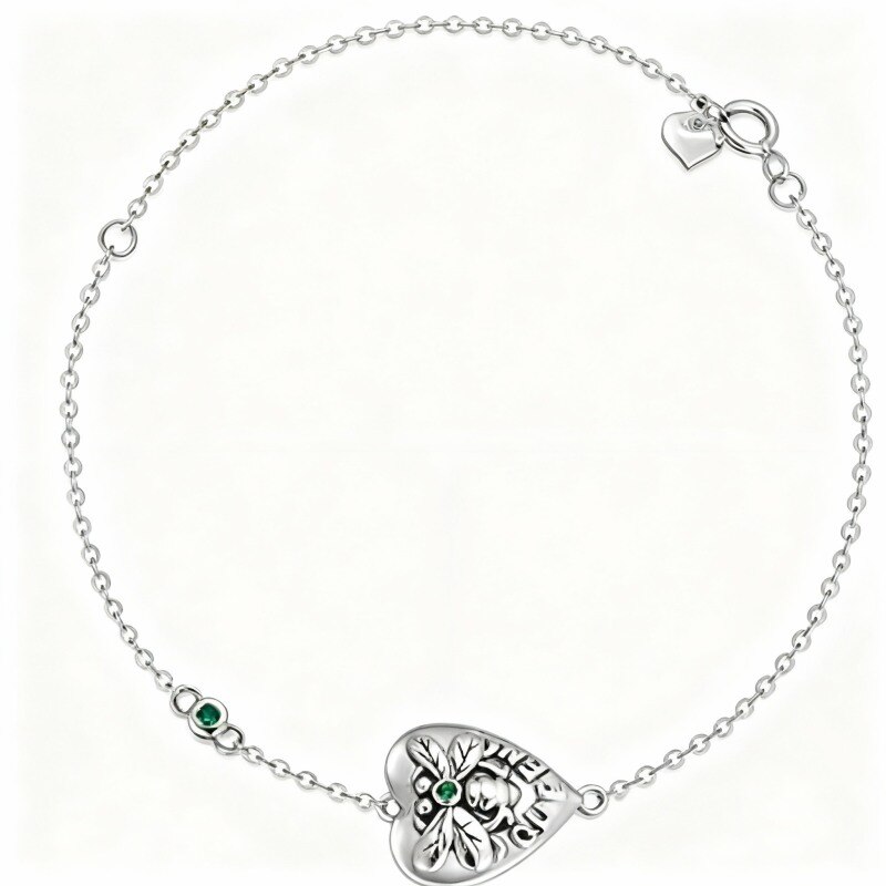 Pulsera de platino con dije de abeja y corazón con circonitas cúbicas chapadas en oro blanco-1