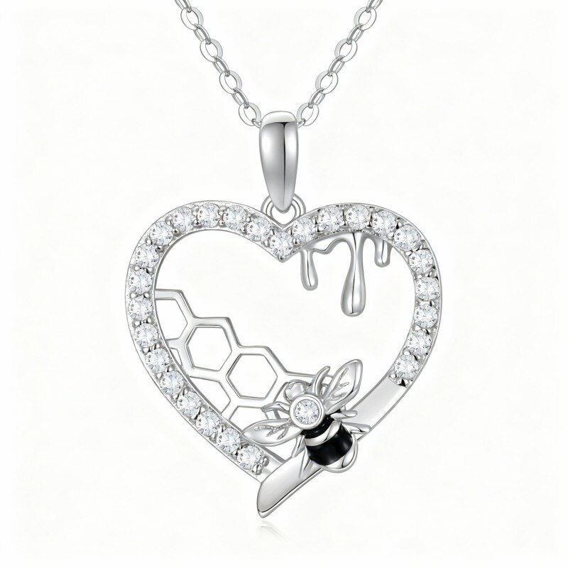 Collar con colgante de abeja, corazón y panal de oro blanco de 10 quilates con circonitas cúbicas-15