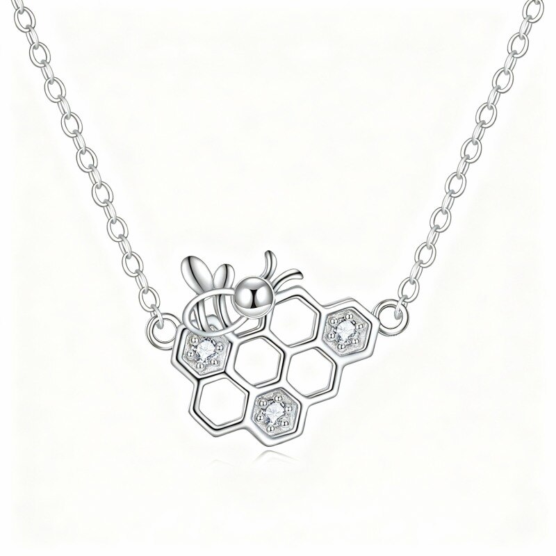 Collar con colgante de abeja y panal de oro blanco de 10 quilates con circonitas cúbicas-20