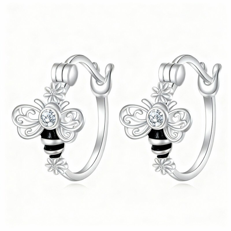 Boucles d'oreilles créoles abeille en or blanc 14 carats et zircon cubique-1