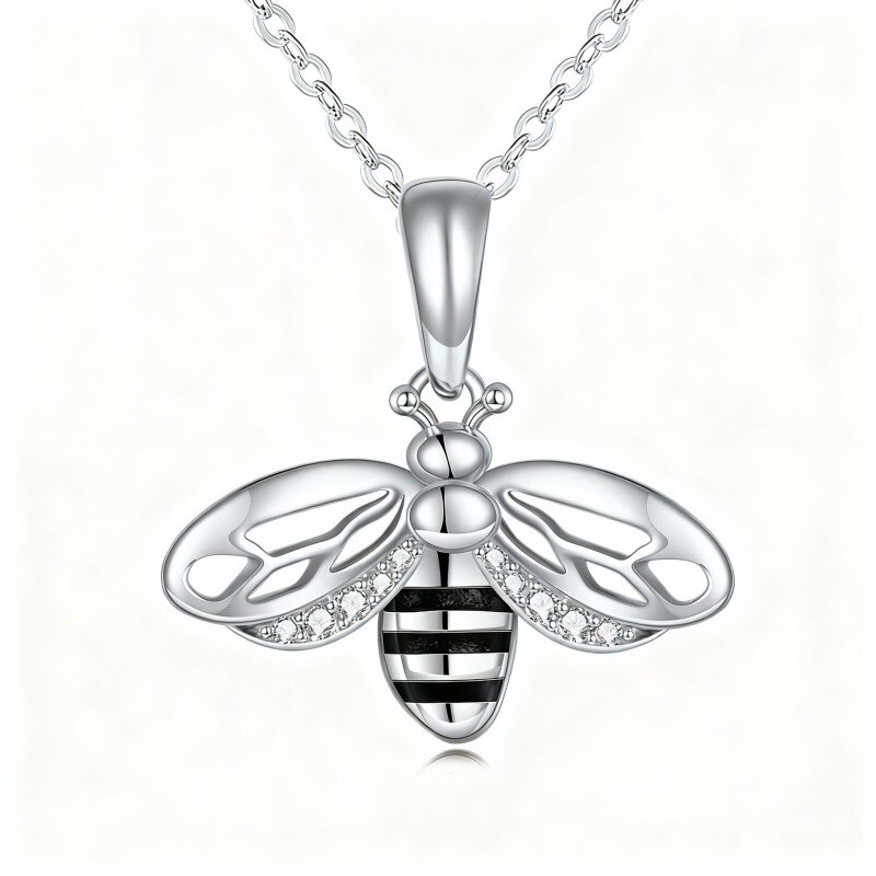 Collier pendentif abeille en platine plaqué or blanc et zircon cubique-1