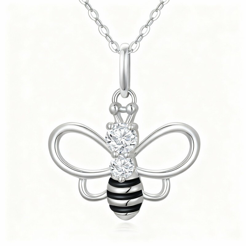 Collar con colgante de abeja de oro blanco de 10 quilates y circonitas cúbicas-8