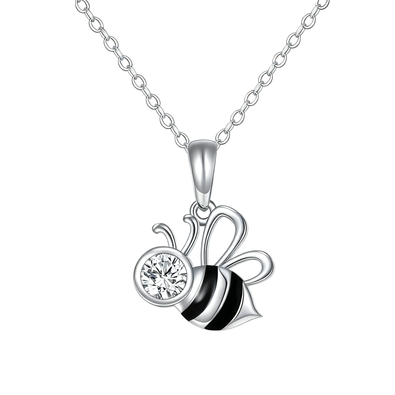 Collar con colgante de abeja de platino con circonita cúbica chapada en oro blanco-1