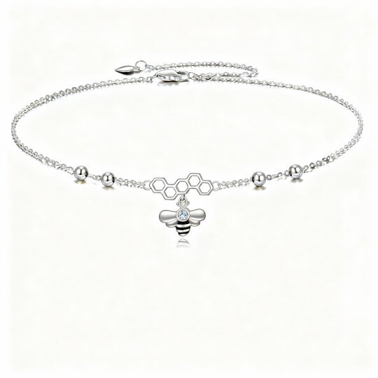Bracelet de cheville simple en or blanc 9 carats avec breloque abeille et zircone cubique