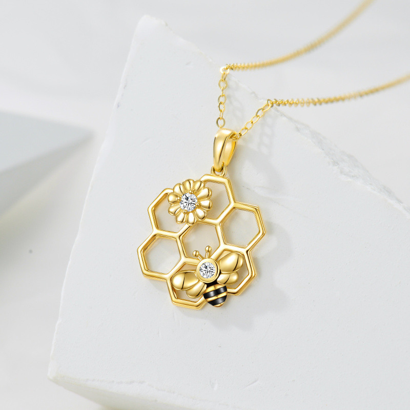 Collar con colgante de abeja y girasol en oro rosa de 10 quilates con circonitas cúbicas-3
