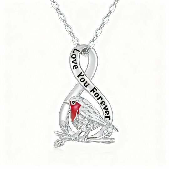 9K White Gold Cubic Zirconia Bird & Infinity Symbol Pendant Necklace with Engraved Word