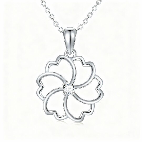 Colar com pendente de flor de nascimento em ouro branco 10K com zircónias cúbicas