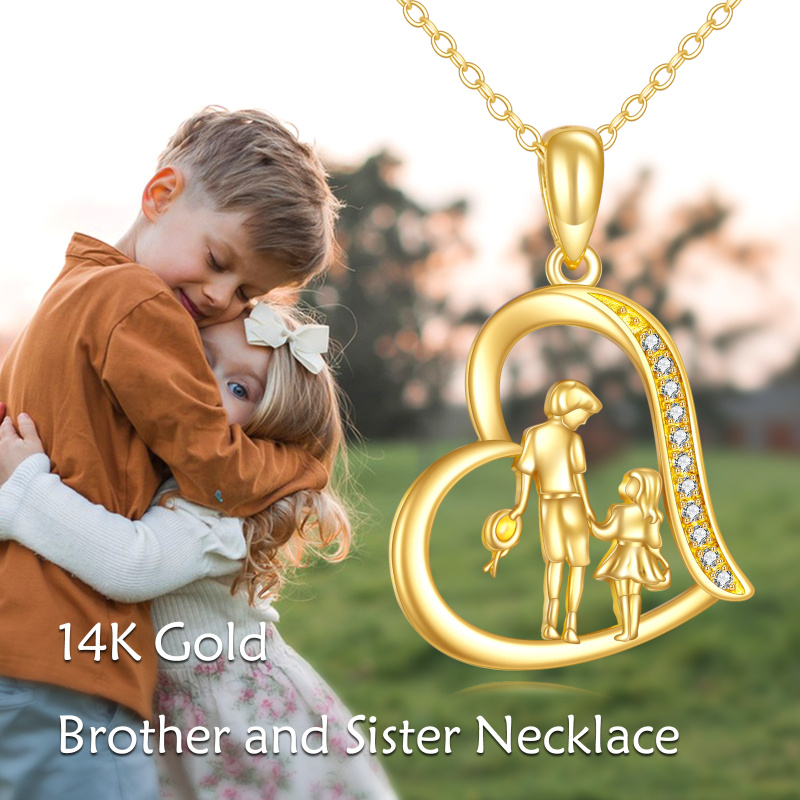 Halskette aus 18-karätigem Gold mit Zirkonia-Anhänger „Bruder und Schwester“ und Herzanhänger-5