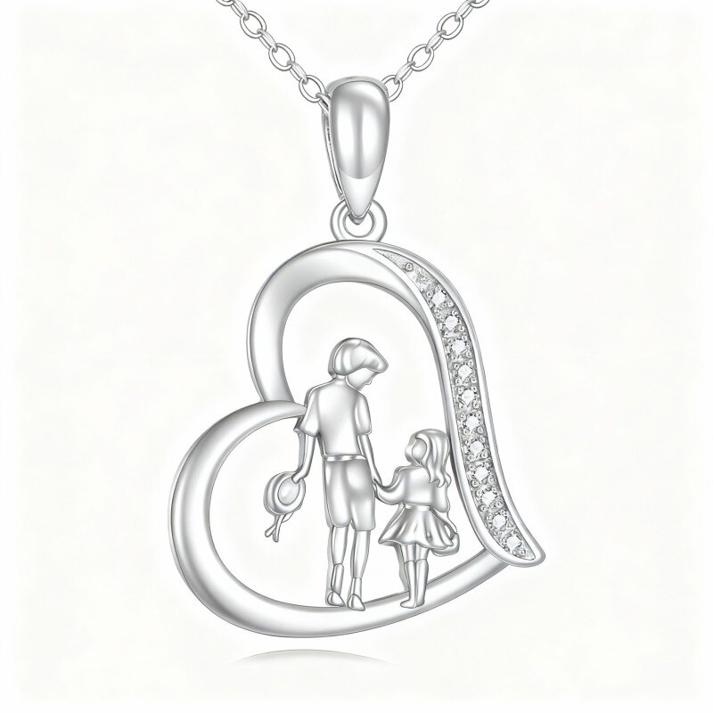 Collar con colgante de corazón y hermano en oro blanco de 10 quilates con circonitas cúbicas-1