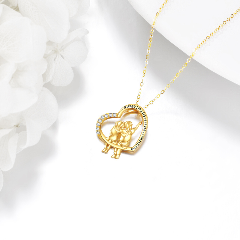 14K White Gold Cubic Zirconia Brother And Sister & Heart Pendant Necklace with Engraved Word-3