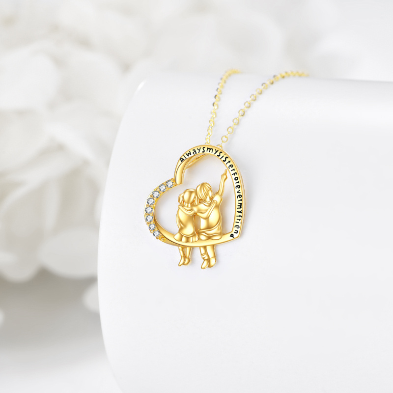 14K White Gold Cubic Zirconia Brother And Sister & Heart Pendant Necklace with Engraved Word-4