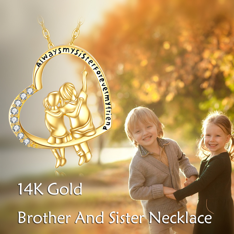 14K White Gold Cubic Zirconia Brother And Sister & Heart Pendant Necklace with Engraved Word-6