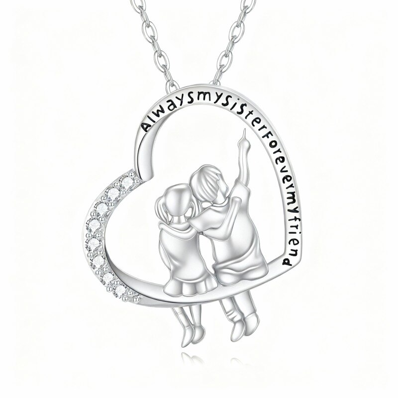 14K White Gold Cubic Zirconia Brother And Sister & Heart Pendant Necklace with Engraved Word-1