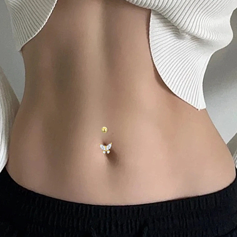 Piercing para el ombligo de mariposa con circonita cúbica en oro de 18 quilates-2