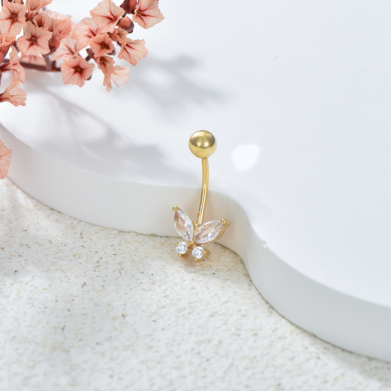 Piercing para el ombligo de mariposa con circonita cúbica en oro de 18 quilates-3