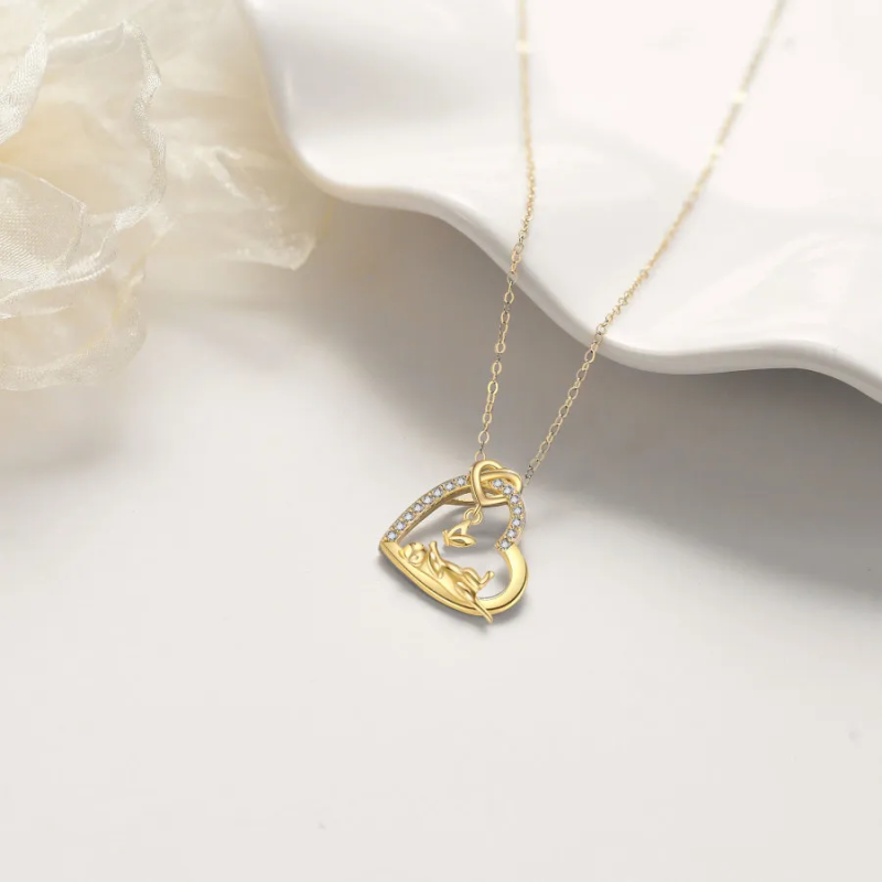 Collier pour femme en or 18 carats avec papillon, chat et cœur en zircon cubique-3