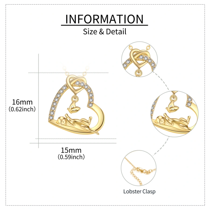 Collier pour femme en or 18 carats avec papillon, chat et cœur en zircon cubique-5