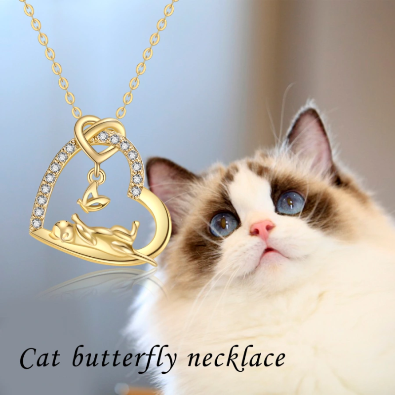 Collier pour femme en or 18 carats avec papillon, chat et cœur en zircon cubique-6