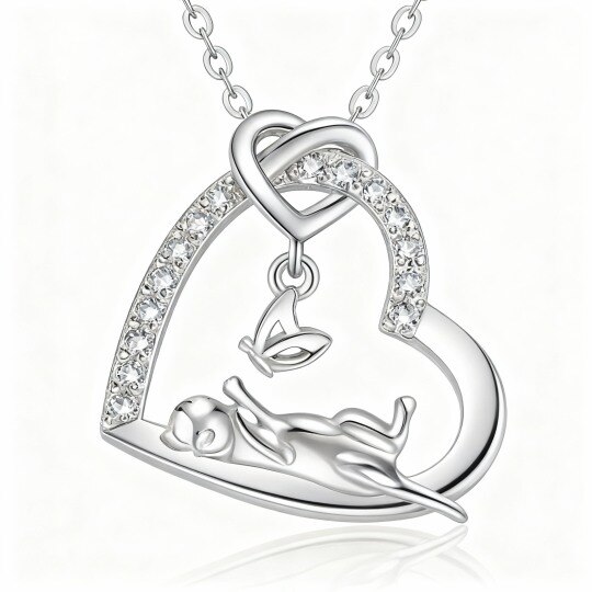 10K White Gold Cubic Zirconia Butterfly & Cat & Heart Pendant Necklace