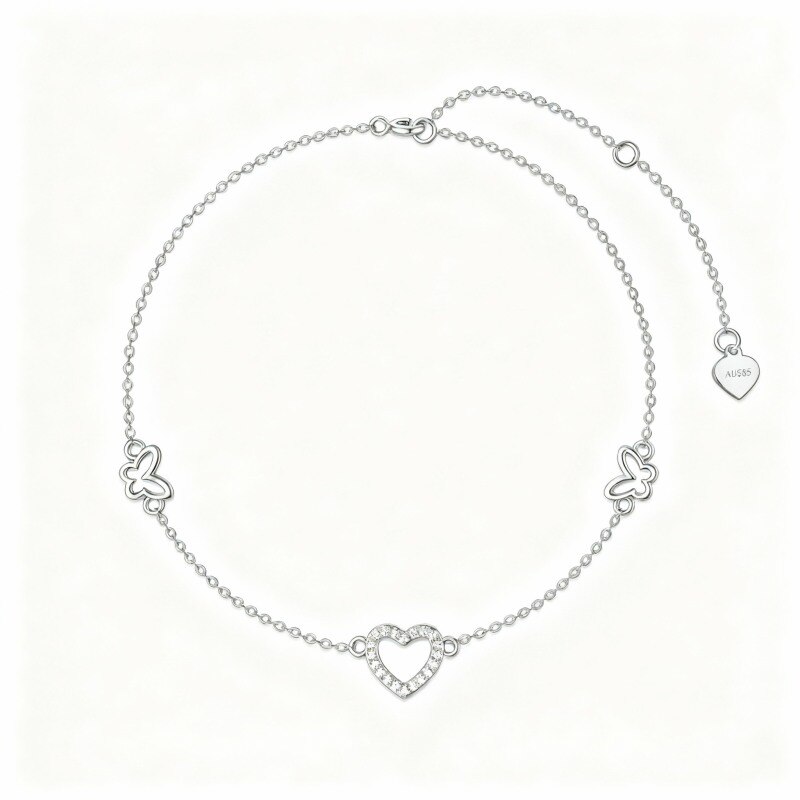 Pulsera de oro blanco de 10 quilates con dije de mariposa y corazón de circonita cúbica-1