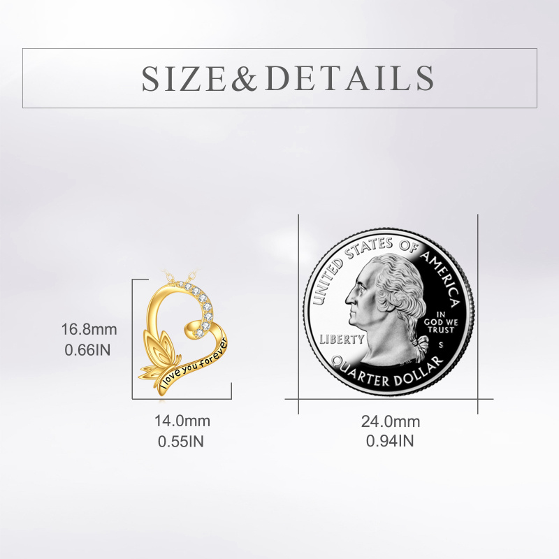Collier pendentif papillon et cœur en or blanc 18 carats avec zircon cubique et inscription gravée-5