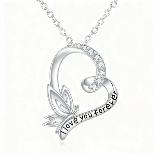 Collier pendentif papillon et cœur en or blanc 10 carats avec zircon cubique et inscription gravée