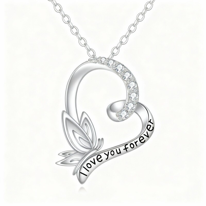Collier pendentif papillon et cœur en or blanc 18 carats avec zircon cubique et inscription gravée-1