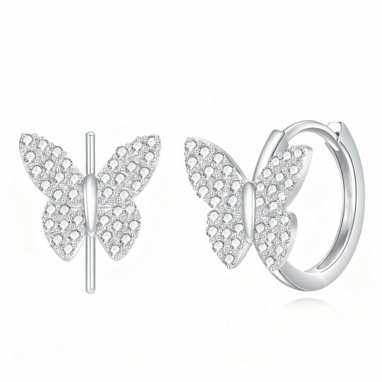 Brincos de argola em forma de borboleta com zircónias cúbicas em ouro branco 10K