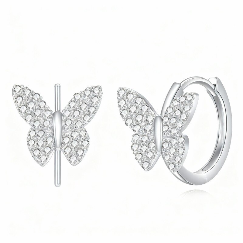 Boucles d'oreilles créoles papillon en or blanc 14 carats et zirconiums cubiques-1