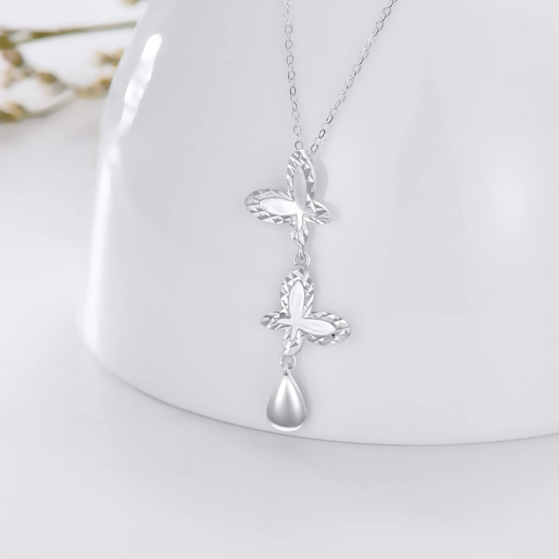 Collar en Y no ajustable de oro blanco de 18 quilates con mariposa y circonitas cúbicas para mujer-3