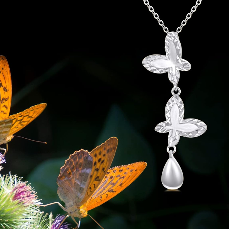 Collar en Y no ajustable de oro blanco de 18 quilates con mariposa y circonitas cúbicas para mujer-6