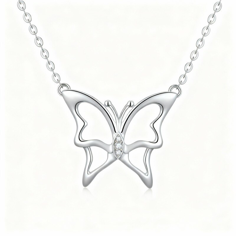 10K White Gold Cubic Zirconia Butterfly Pendant Necklace-1