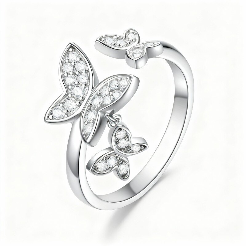 Anillo de mariposa de oro blanco de 10 quilates con circonita cúbica-20