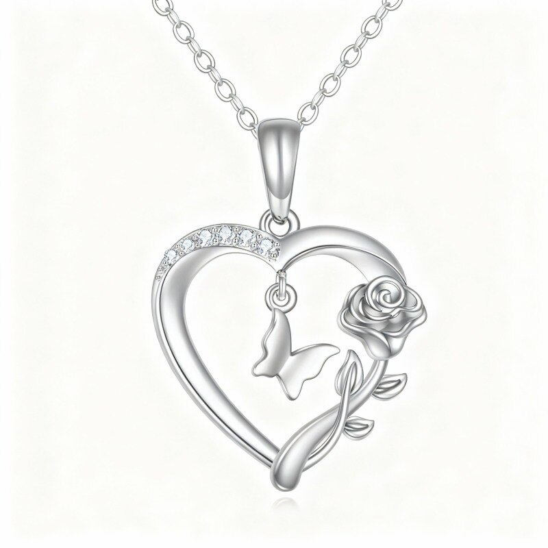 10K White Gold Cubic Zirconia Butterfly & Rose & Heart Pendant Necklace-1