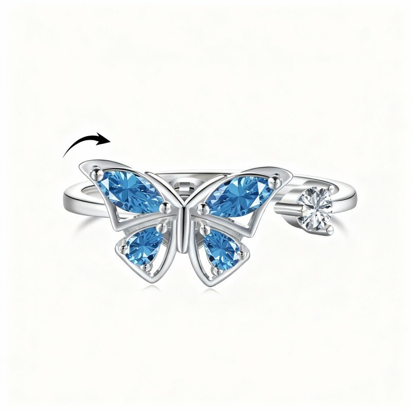 Anillo giratorio de mariposa con circonita cúbica en oro blanco de 10 quilates-1