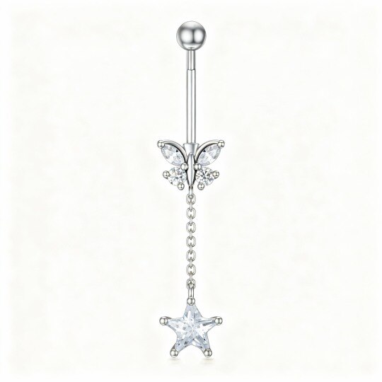 10K White Gold Cubic Zirconia Butterfly & Star Belly Button Ring